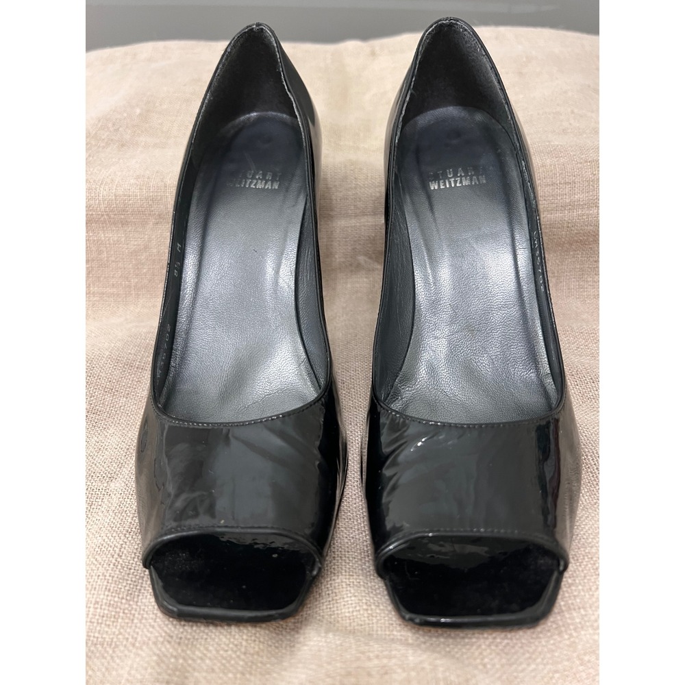 Stuart Weitzman Black Patent Leather Peep Toe Pumps wood grain heel Women's 8.5